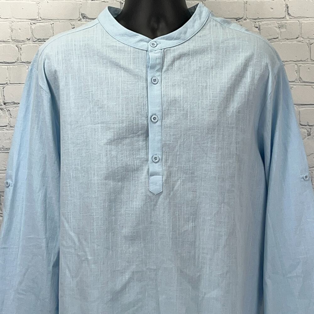Hardaddy Mandarin Collar Henley Shirt Roll Tab Long Sleeves Blue Mens 2XL XXL